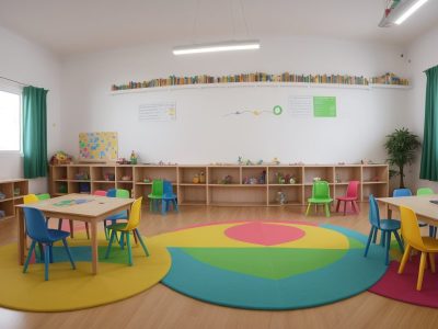 Educadora sorrindo, planejando aulas com crianças em um ambiente de educação infantil com planejamento anual, planos de aula e materiais didáticos coloridos