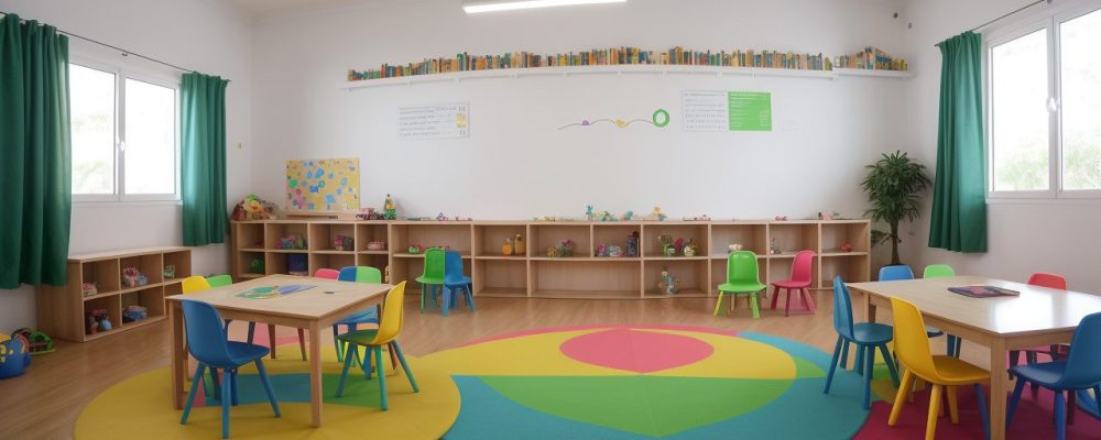 Educadora sorrindo, planejando aulas com crianças em um ambiente de educação infantil com planejamento anual, planos de aula e materiais didáticos coloridos