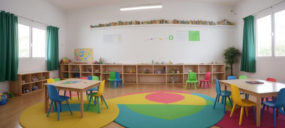 Educadora sorrindo, planejando aulas com crianças em um ambiente de educação infantil com planejamento anual, planos de aula e materiais didáticos coloridos