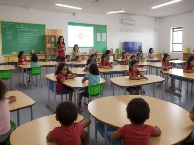 Crianças engajadas em sala de aula, utilizando diferentes recursos de planejamento para educação infantil, promovendo aprendizado divertido e eficaz.