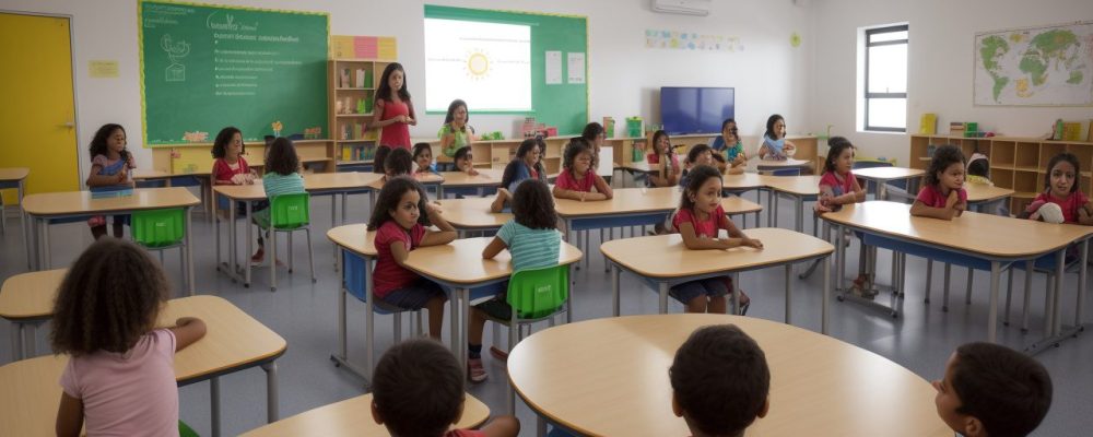Crianças engajadas em sala de aula, utilizando diferentes recursos de planejamento para educação infantil, promovendo aprendizado divertido e eficaz.