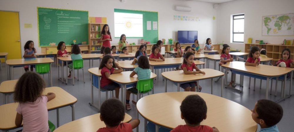 Crianças engajadas em sala de aula, utilizando diferentes recursos de planejamento para educação infantil, promovendo aprendizado divertido e eficaz.