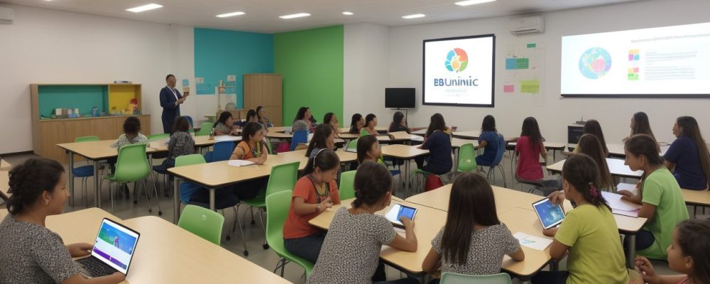 Professor utilizando ferramentas digitais e metodologias ativas para implementar um plano pedagógico BNCC eficaz em sala de aula