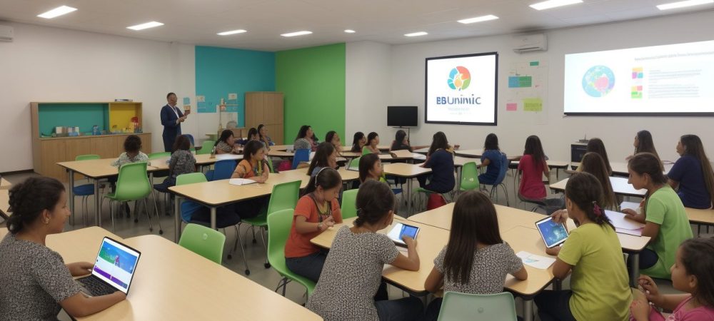 Professor utilizando ferramentas digitais e metodologias ativas para implementar um plano pedagógico BNCC eficaz em sala de aula