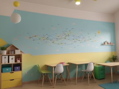 Crianças em sala de aula inclusiva, interagindo com recursos visuais e atividades sensoriais, promovendo o aprendizado e a inclusão para crianças com autismo.