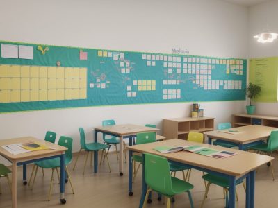 Educador elaborando plano de ensino em sala de aula, utilizando ferramentas digitais e modelos, focado em resultados eficazes.