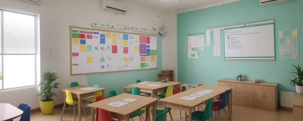 Imagem de um plano de ensino detalhado em uma sala de aula, destacando estrutura, objetivos e benefícios para educadores e alunos.