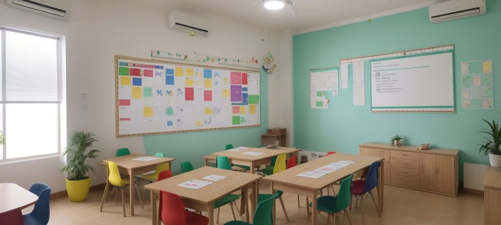 Imagem de um plano de ensino detalhado em uma sala de aula, destacando estrutura, objetivos e benefícios para educadores e alunos.