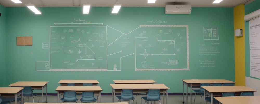 Professor elaborando plano de ensino em sala de aula moderna, utilizando recursos digitais e metodologias inovadoras