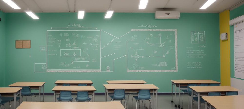Professor elaborando plano de ensino em sala de aula moderna, utilizando recursos digitais e metodologias inovadoras