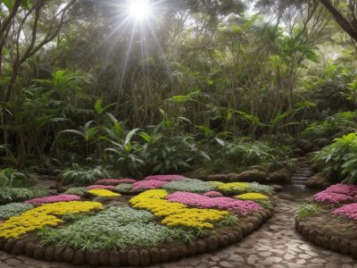 Imagem ilustrativa de plantas medicinais em um jardim ensolarado, com foco em ervas como camomila e hortelã, simbolizando saúde e bem-estar.