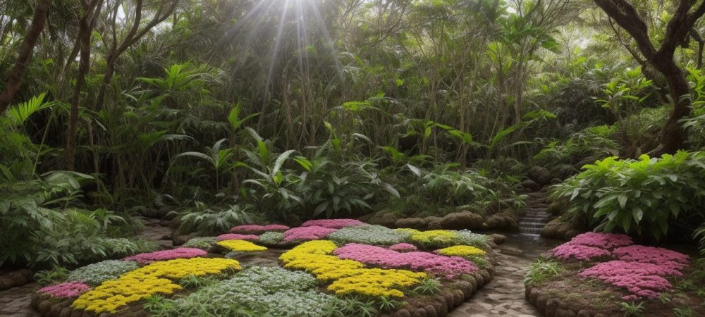 Imagem ilustrativa de plantas medicinais em um jardim ensolarado, com foco em ervas como camomila e hortelã, simbolizando saúde e bem-estar.