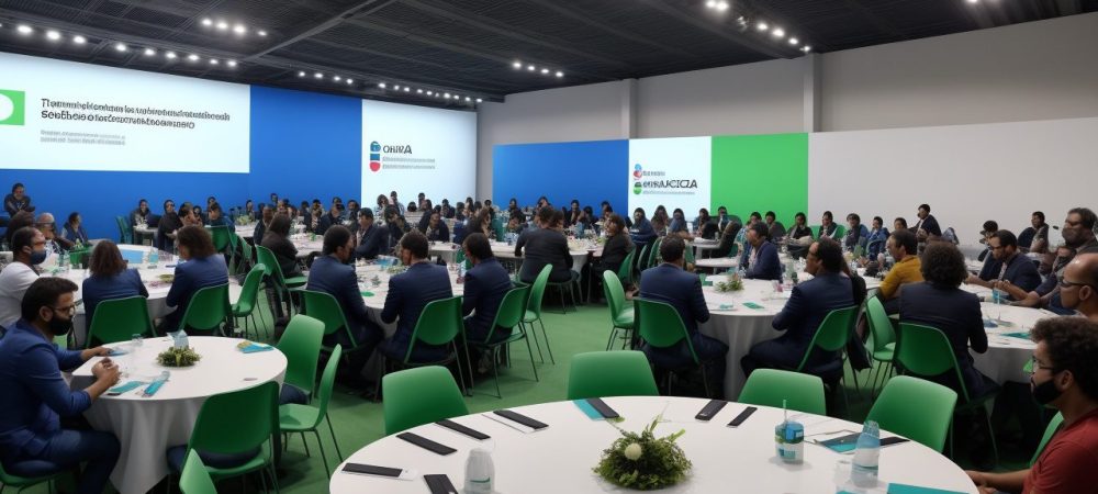 Equipe de servidores públicos discutindo soluções offshore em ambiente de trabalho moderno