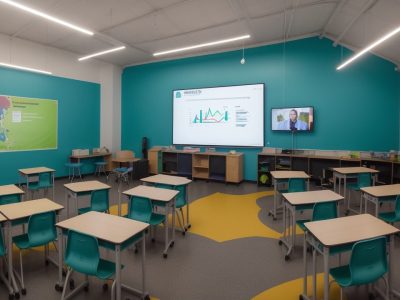 Professor utilizando plataformas de ensino online interativas e modernas, com alunos participando ativamente, representando a transformação da educação.