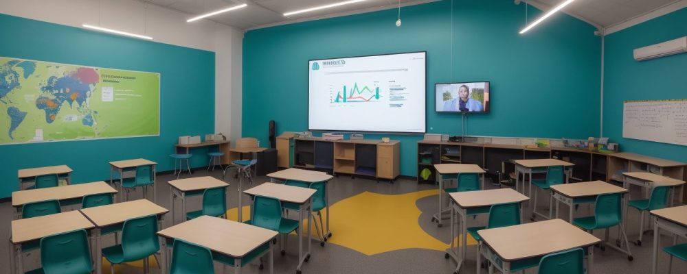 Professor utilizando plataformas de ensino online interativas e modernas, com alunos participando ativamente, representando a transformação da educação.