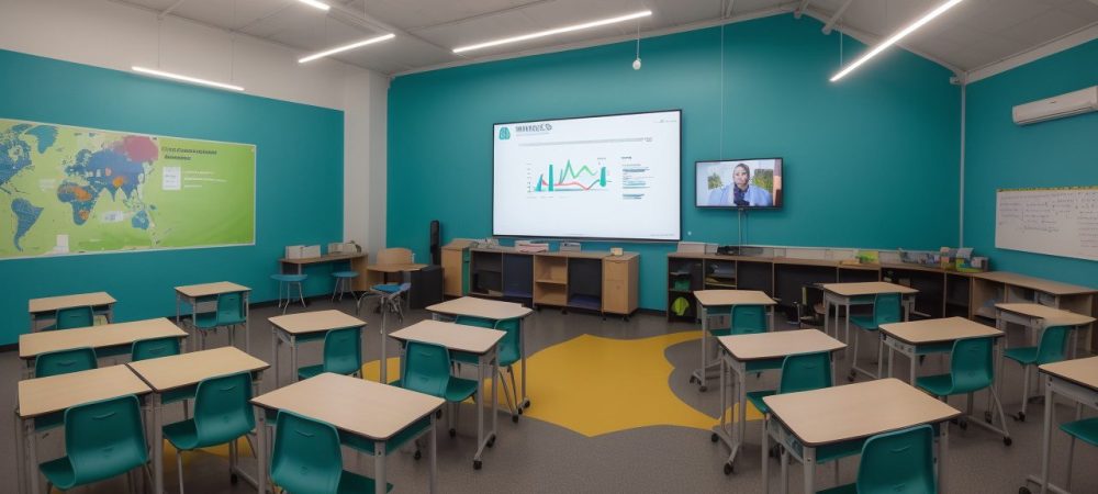 Professor utilizando plataformas de ensino online interativas e modernas, com alunos participando ativamente, representando a transformação da educação.