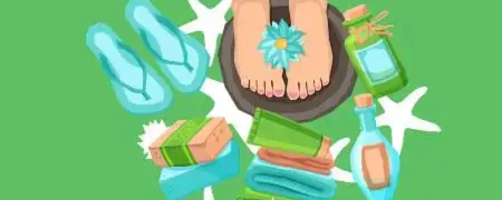 imagem de pés no podólogo numa bacia de água relaxando com chinelos e produtos de cuidados ao lado