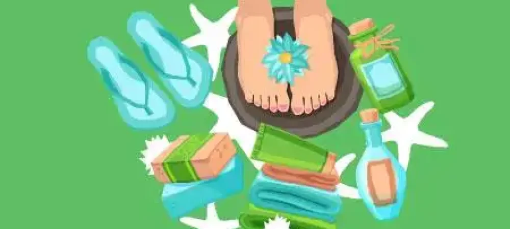 imagem de pés no podólogo numa bacia de água relaxando com chinelos e produtos de cuidados ao lado