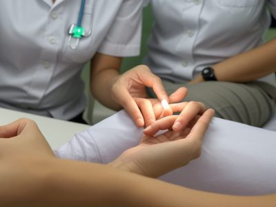Profissional de podologia demonstrando cuidados com os pés em um ambiente de trabalho, com foco em unhas e pele, destacando a importância do curso online.