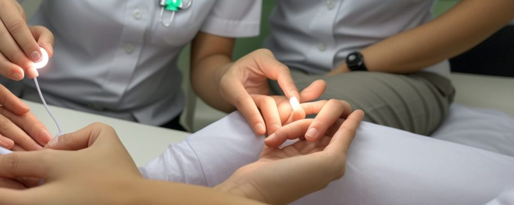 Profissional de podologia demonstrando cuidados com os pés em um ambiente de trabalho, com foco em unhas e pele, destacando a importância do curso online.