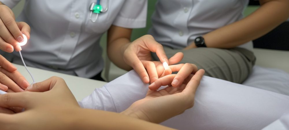 Profissional de podologia demonstrando cuidados com os pés em um ambiente de trabalho, com foco em unhas e pele, destacando a importância do curso online.