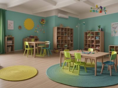 Sala de aula vibrante com crianças engajadas em atividades lúdicas para práticas educativas