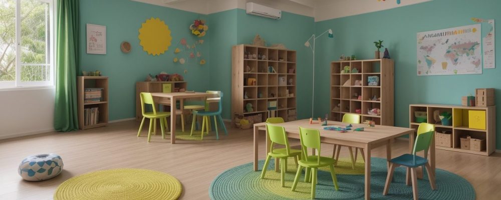 Sala de aula vibrante com crianças engajadas em atividades lúdicas para práticas educativas