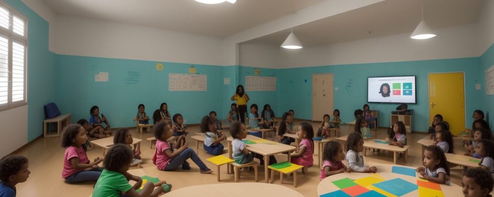 Crianças participando de atividades lúdicas e interativas em uma sala de aula, representando práticas educativas na educação infantil.