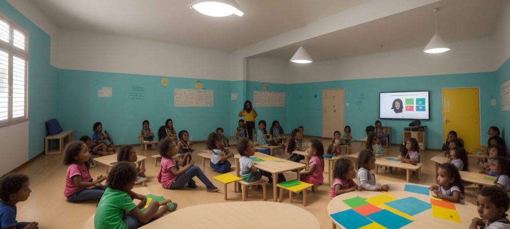 Crianças participando de atividades lúdicas e interativas em uma sala de aula, representando práticas educativas na educação infantil.