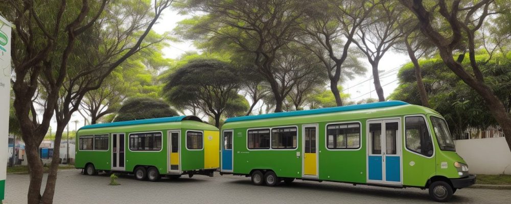 Espaço urbano sustentável com prédios verdes e áreas verdes promovendo práticas sustentáveis