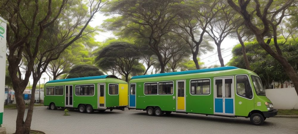 Espaço urbano sustentável com prédios verdes e áreas verdes promovendo práticas sustentáveis