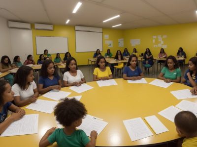 Ambiente escolar inclusivo com alunos interagindo e utilizando recursos audiovisuais para aprendizado