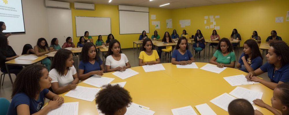 Ambiente escolar inclusivo com alunos interagindo e utilizando recursos audiovisuais para aprendizado