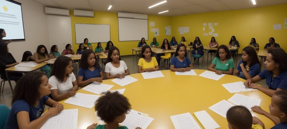 Ambiente escolar inclusivo com alunos interagindo e utilizando recursos audiovisuais para aprendizado