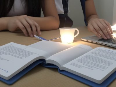 Estudante focada em cronograma de estudos para o Enem, com simulados e materiais de apoio.
