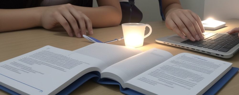 Estudante focada em cronograma de estudos para o Enem, com simulados e materiais de apoio.
