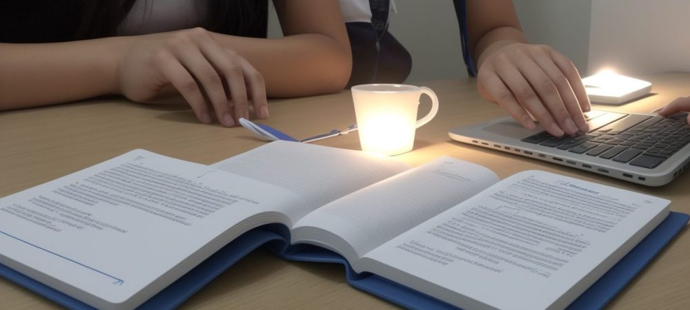 Estudante focada em cronograma de estudos para o Enem, com simulados e materiais de apoio.