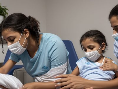 Imagem ilustrando a importância da vacinação H1N1 e medidas de prevenção em um ambiente de saúde, mostrando pessoas interagindo com informações sobre a gripe.