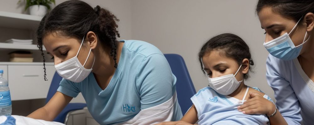 Imagem ilustrando a importância da vacinação H1N1 e medidas de prevenção em um ambiente de saúde, mostrando pessoas interagindo com informações sobre a gripe.