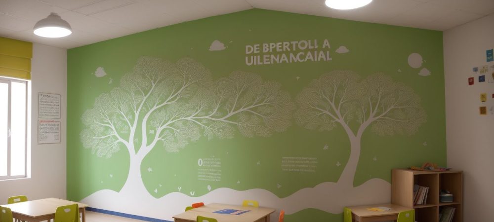 Ilustração de um ambiente escolar acolhedor, com alunos e educadores interagindo, simbolizando a prevenção da violência e o impacto positivo do curso sobre violência nas escolas.