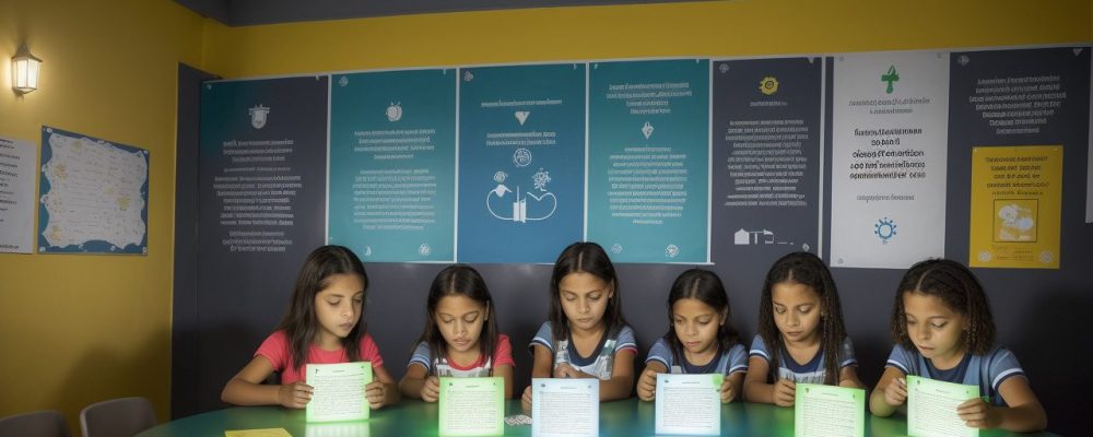 Crianças e adolescentes em um ambiente escolar seguro, com foco em prevenção de bullying e desenvolvimento de empatia