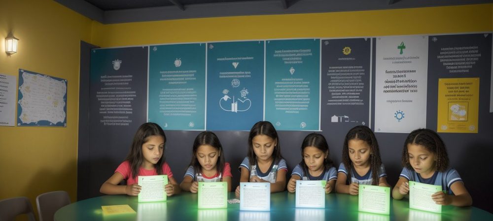 Crianças e adolescentes em um ambiente escolar seguro, com foco em prevenção de bullying e desenvolvimento de empatia