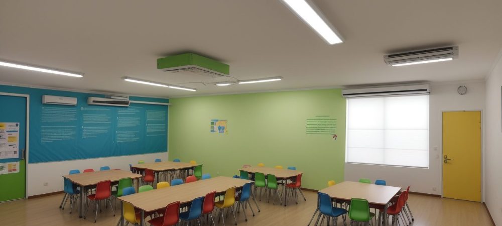 Ilustração de crianças em um ambiente escolar acolhedor, com foco em estratégias de prevenção de bullying e comunicação aberta entre alunos e professores.