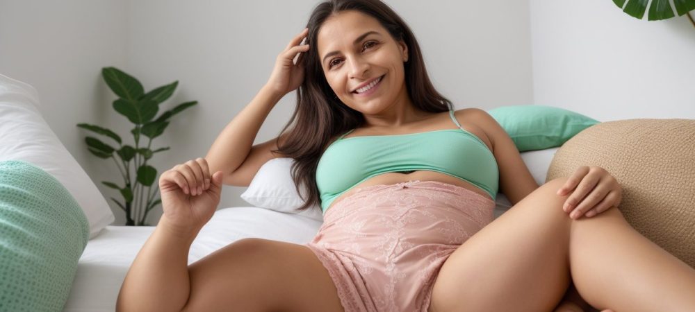 Mulher realizando autoexame da mama, com foco em saúde feminina e prevenção do câncer de mama