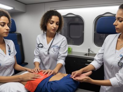 Servidores públicos praticando primeiros socorros em um curso online, demonstrando suporte básico de vida em uma simulação de emergência