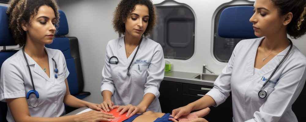 Servidores públicos praticando primeiros socorros em um curso online, demonstrando suporte básico de vida em uma simulação de emergência