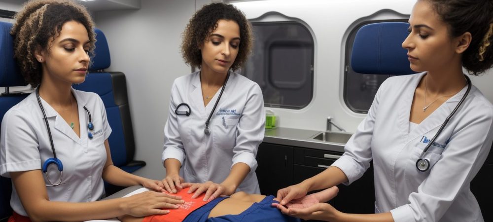 Servidores públicos praticando primeiros socorros em um curso online, demonstrando suporte básico de vida em uma simulação de emergência