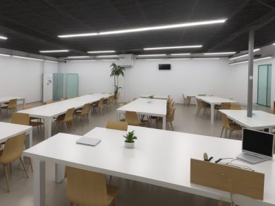 Implementação do programa 5S em um escritório moderno, mostrando organização e eficiência no ambiente de trabalho