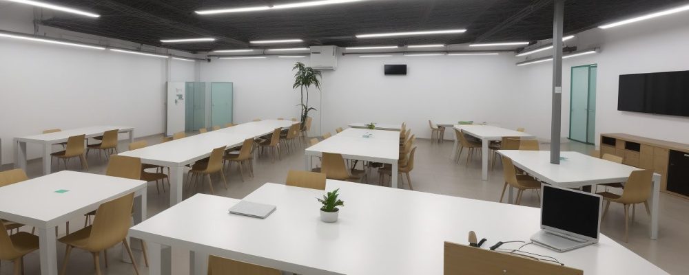 Implementação do programa 5S em um escritório moderno, mostrando organização e eficiência no ambiente de trabalho