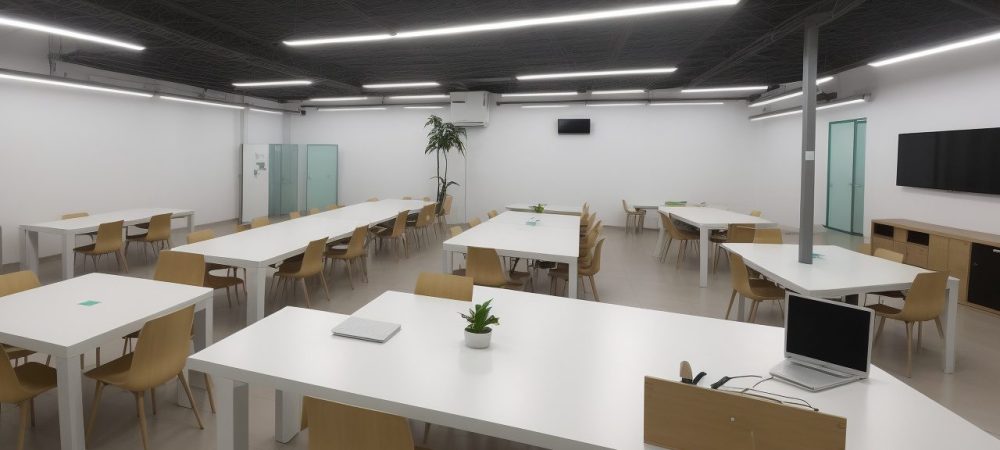 Implementação do programa 5S em um escritório moderno, mostrando organização e eficiência no ambiente de trabalho